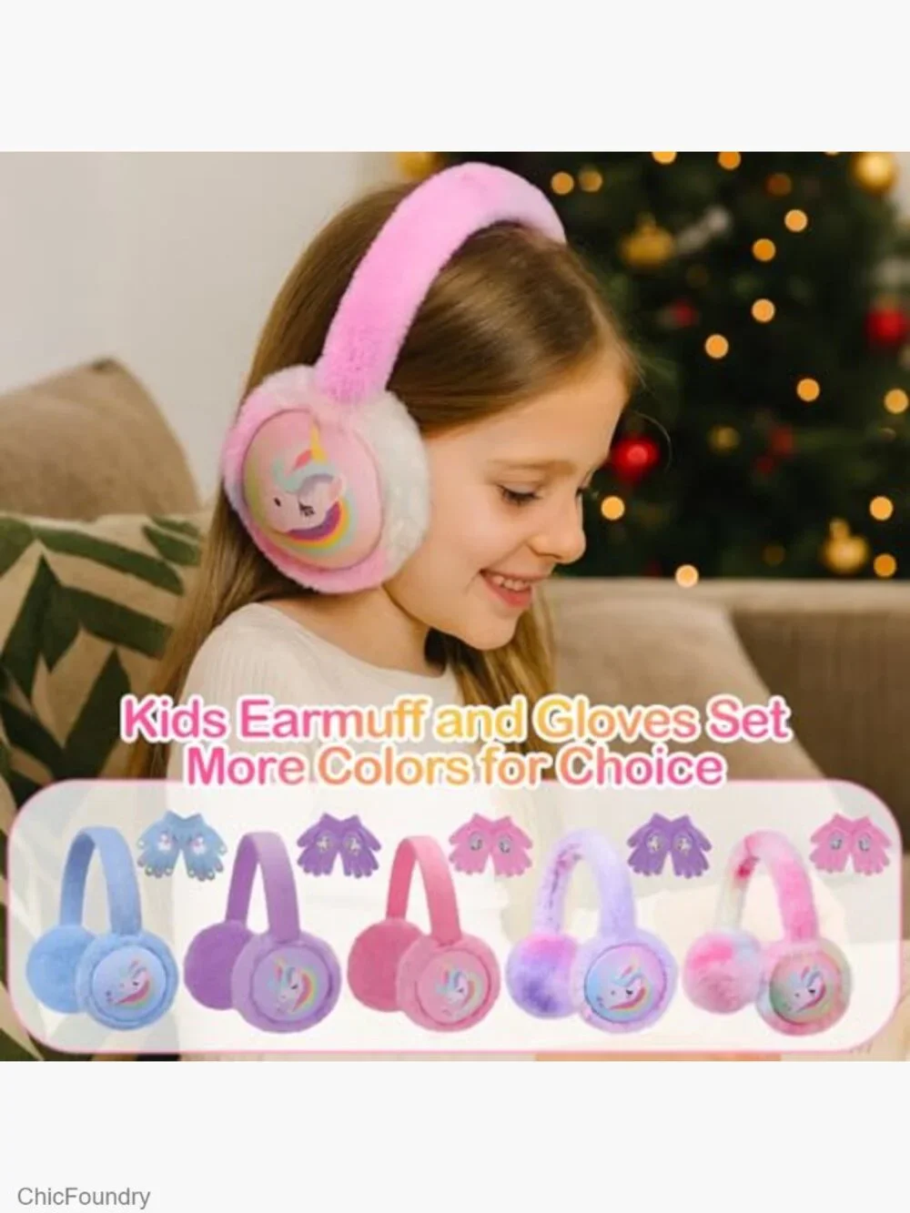 Kids Knit Unicorn Earmuffs and Gloves Set Plush Winter Ear Warmers Mittens